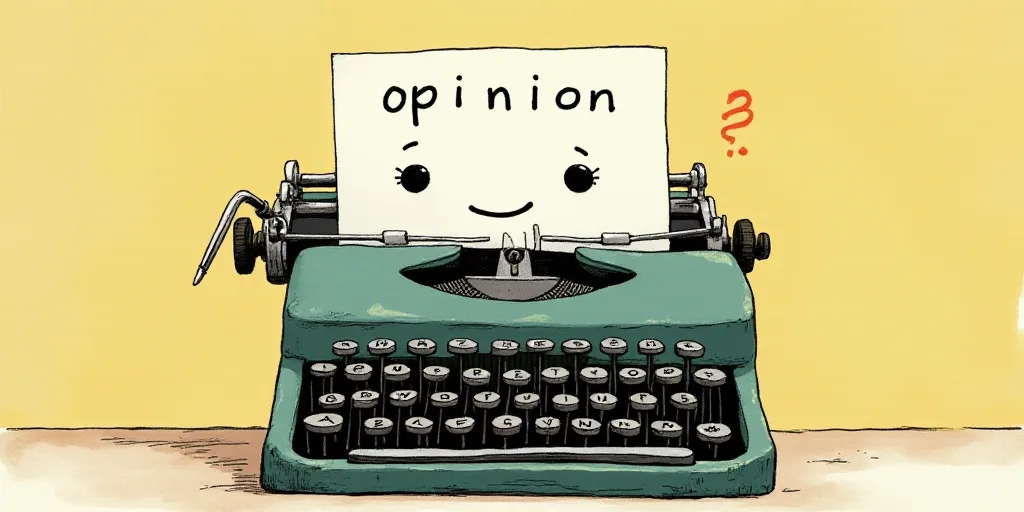 a typewriter with a face drawn on it and a caption for the words opinion and a question, Edward Otho