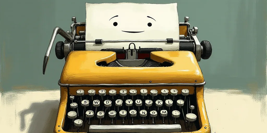 a typewriter with a face drawn on it and a caption for the words opinion and a question, Edward Otho