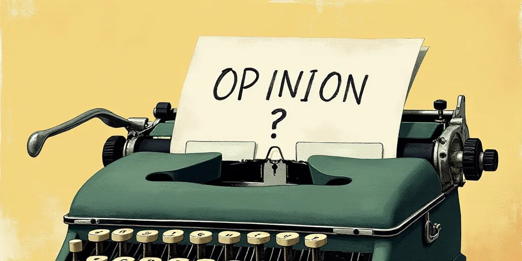 a typewriter with a face drawn on it and a caption for the words opinion and a question, Edward Otho
