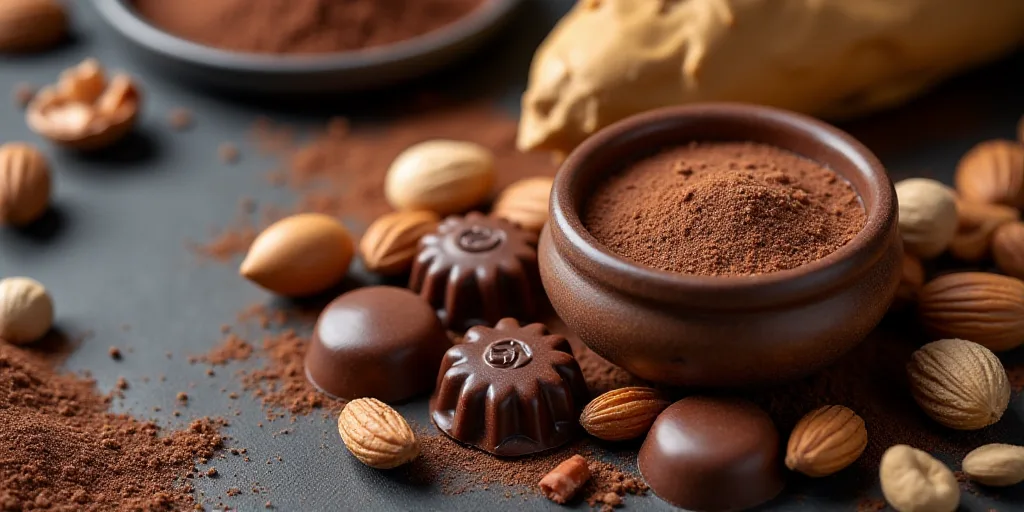 a variety of chocolates, nuts, and other ingredients are arranged on a table top, including a bowl o