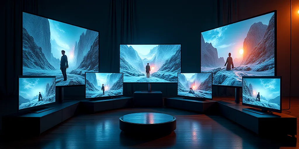 a variety of televisions and monitors are shown in this image, with the same screen showing movies a