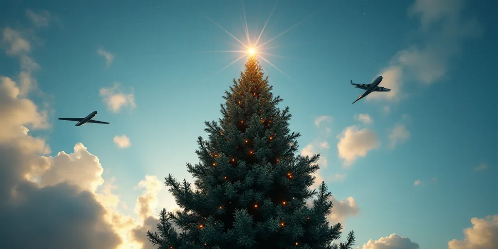 a very tall christmas tree with a jet in the sky above it and a plane flying overhead in the backgro