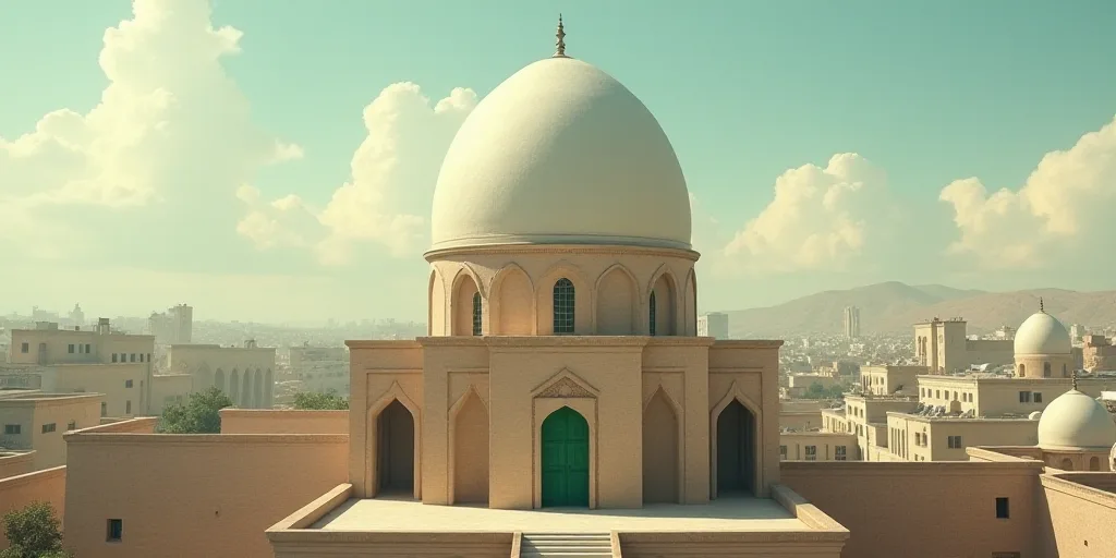 a view of a city with a large white dome on top of a building with a green door and a few buildings,