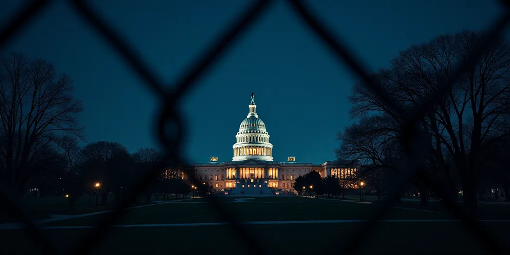 a view of the capitol building through a fence at night time, with the dome lit up in the background