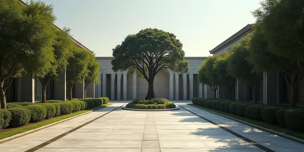 a walkway leading to a building with a tree in the middle of it and a walkway leading to a building