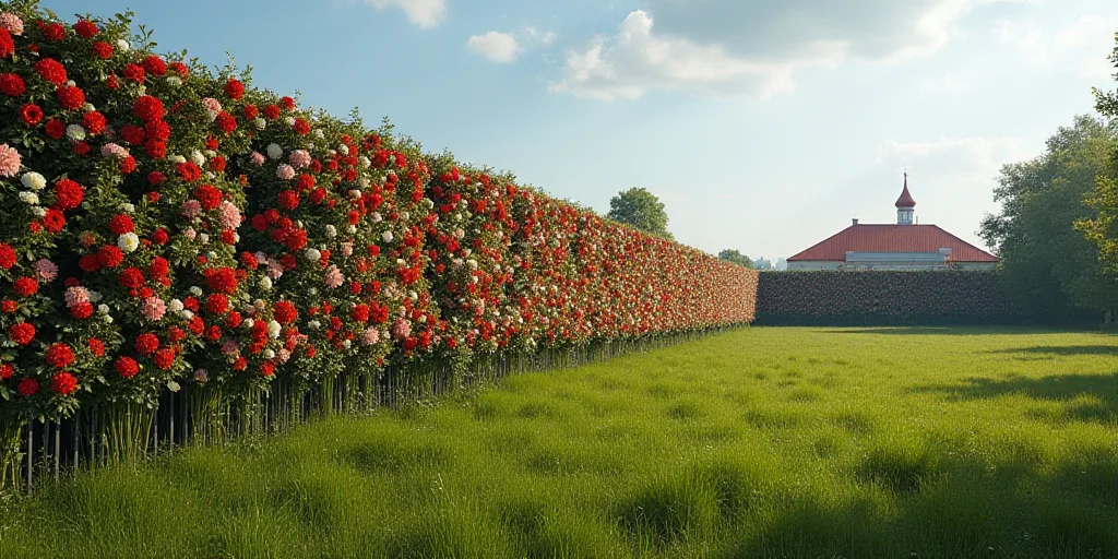 a wall of flowers with names on it in a field of grass and a building in the background with a red r