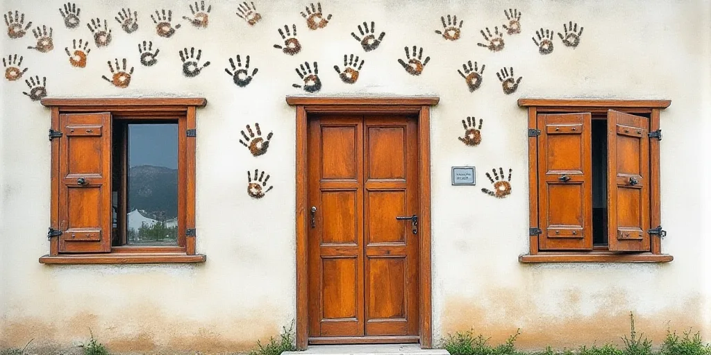 a wall with a bunch of hand prints on it and windows with brown shutters and brown wooden doors, Art