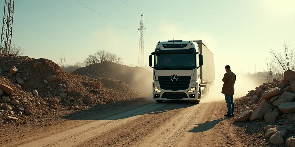 a white truck driving down a dirt road next to a pile of rubble and a man standing next to it, De Hi