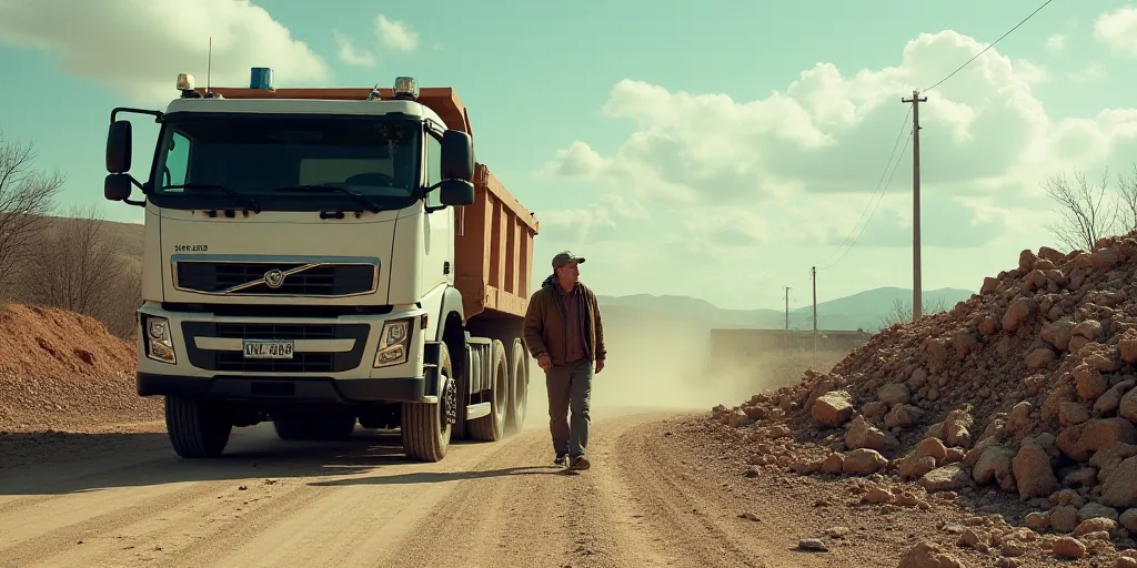 a white truck driving down a dirt road next to a pile of rubble and a man standing next to it, De Hi