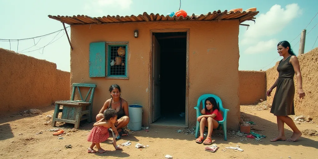 a woman and a child are playing outside a shack with toys and other items scattered around it and a