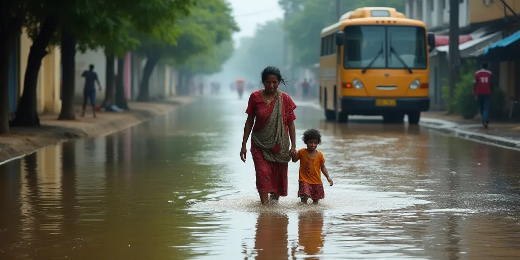 a woman and a child are walking through a flooded street in a city with a bus in the background, Ell