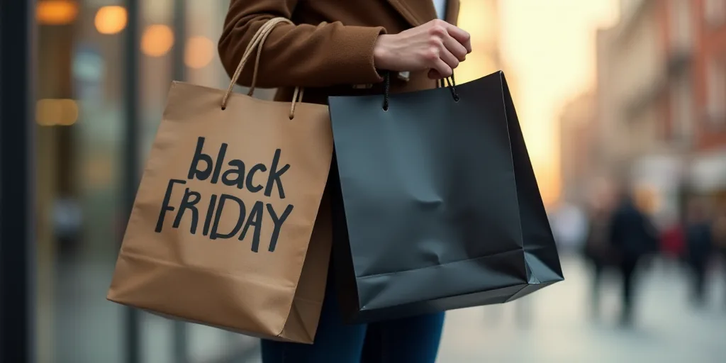 a woman carrying two black friday bags on her back and a brown bag on her shoulder with the words bl