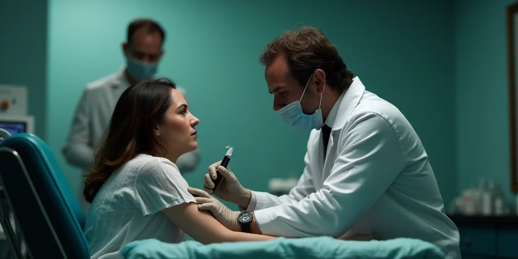 a woman getting a tattoo done by a doctor in a hospital room with a man in the background wearing a
