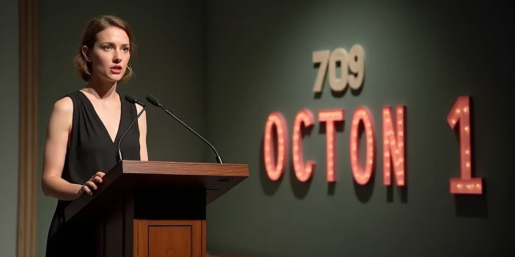 a woman giving a speech at a podium in front of a sign that reads 709 octon 1, Celia Fiennes, ex mac
