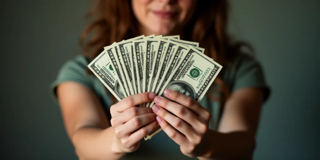 a woman holding a bunch of money in her hands with a wallet in her hand and a wallet in her other ha