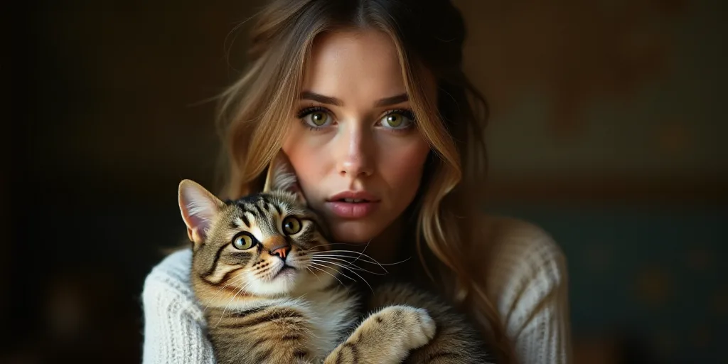 a woman holding a cat in her arms while she is looking at the camera with a surprised look on her fa