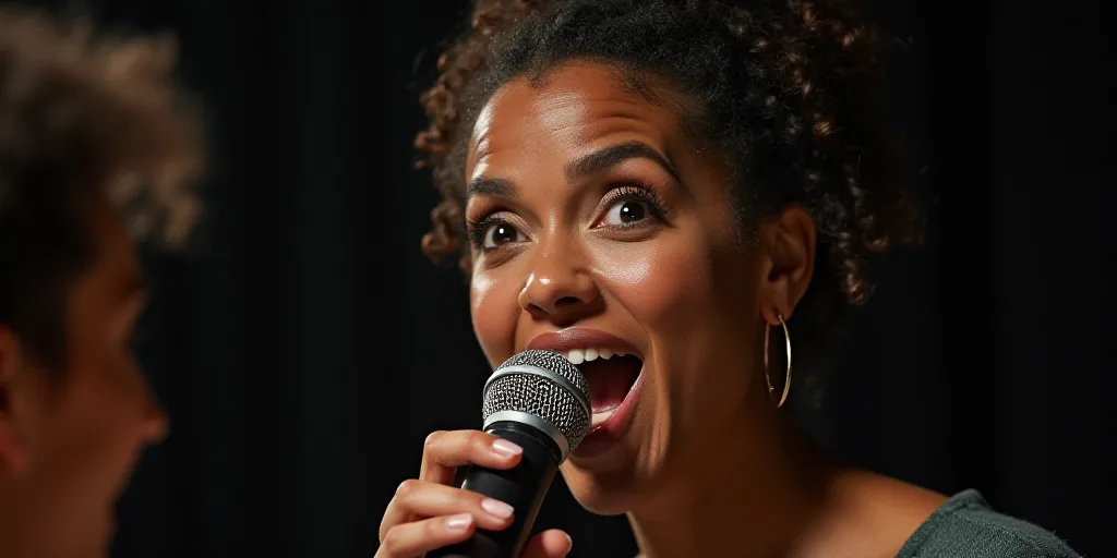 a woman holding a microphone up to her mouth while speaking into a microphone with a surprised look