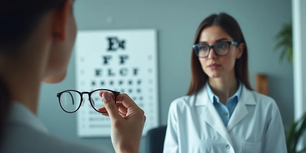 a woman holding a pair of glasses in front of her eye chart display in a room with a woman in a whit