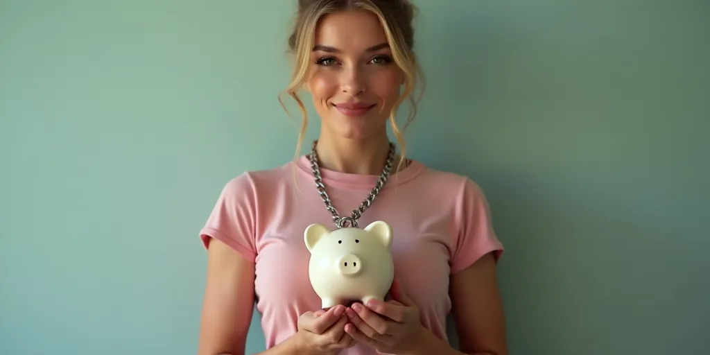 a woman holding a piggy bank and a chain around her neck and a notepad in her hand, Aquirax Uno, beh