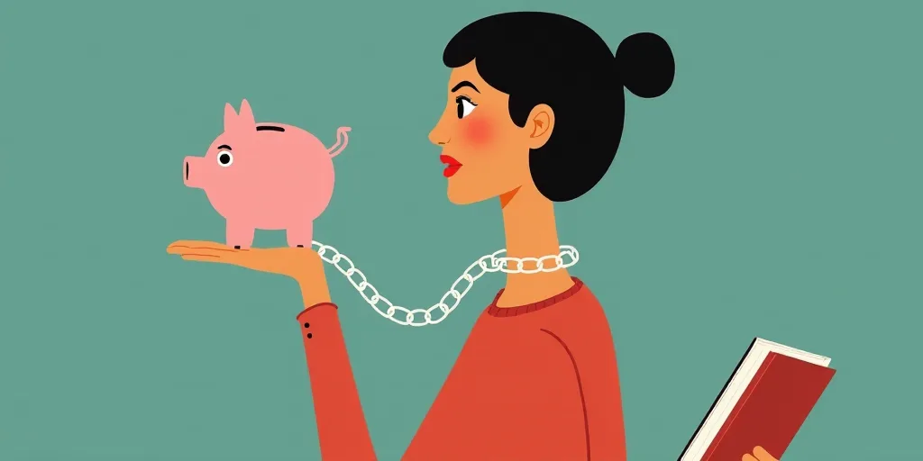 a woman holding a piggy bank and a chain around her neck and a notepad in her hand, Aquirax Uno, beh