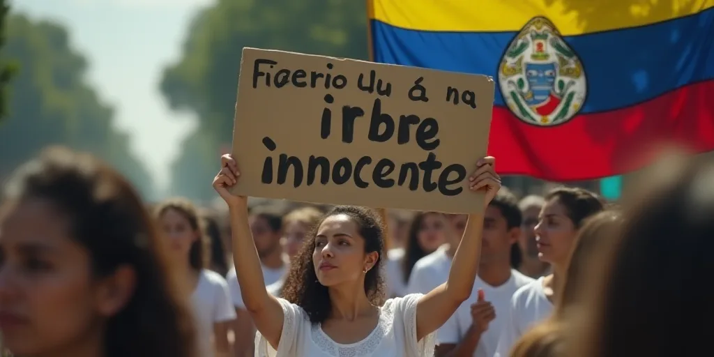 a woman holding a sign that says irbre innocente in french and a flag with a slogan on it, Federico