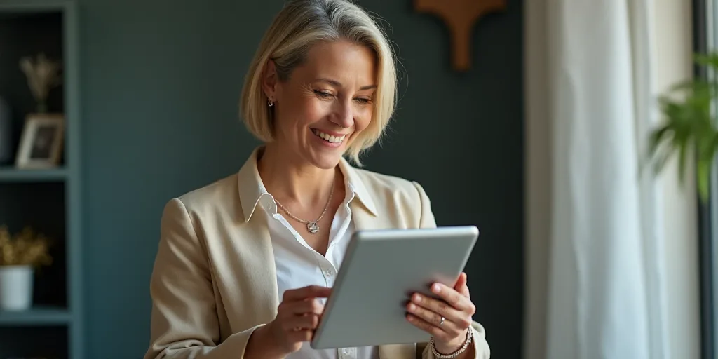a woman holding a tablet computer in her hands and looking at it with a smile on her face and hands,