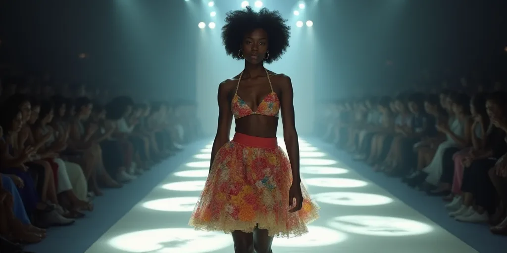 a woman in a bikini and a flowered skirt walks on a runway with a large amount of lights behind her,