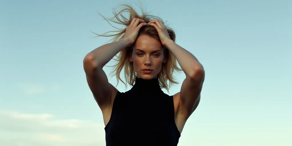 a woman in a black bodysuit with her hands on her head and hands on her head, with a sky background,