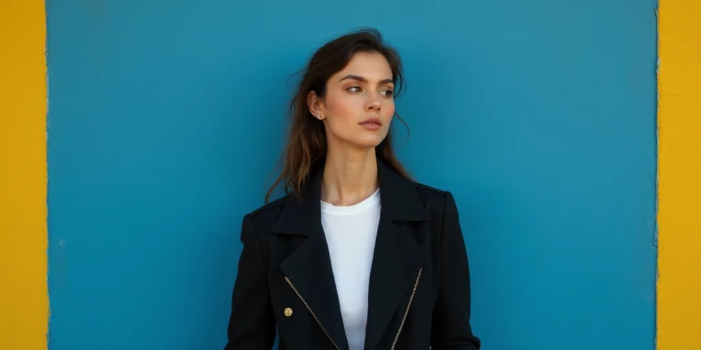 a woman in a black jacket and white shirt is standing in front of a blue background with a yellow bo