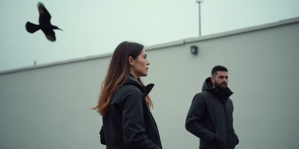 a woman in a black jacket and a bird flying in the air near her and a man in a black jacket and a wh