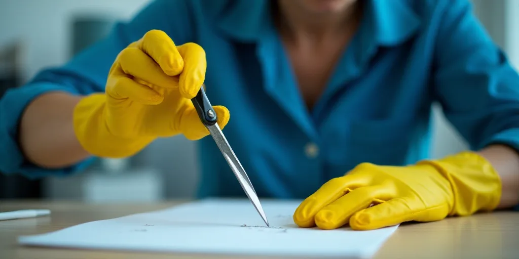 a woman in a blue shirt and yellow gloves is cutting a piece of paper with scissors on it and a q -