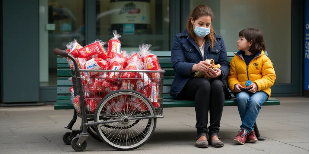 a woman in a face mask sitting on a bench next to a cart of candy bags and a child, Bourgeois, hyper