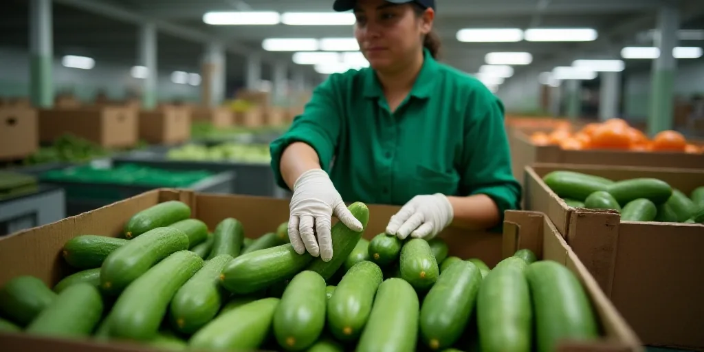 a woman in a green shirt and gloves sorting a box of cucumbers in a factory with boxes of other prod