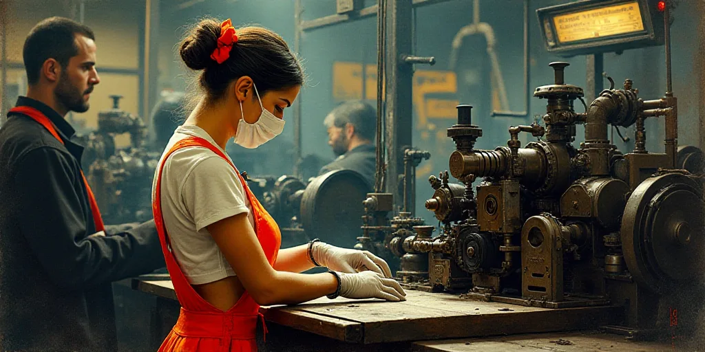 a woman in a mask and gloves working on a machine in a factory with another man in the background, E