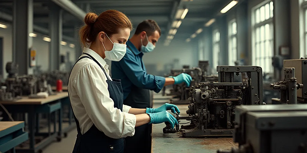 a woman in a mask and gloves working on a machine in a factory with another man in the background, E