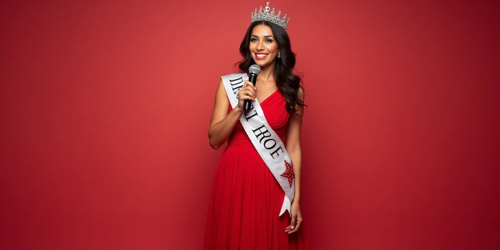 a woman in a red dress holding a microphone and wearing a crown and a sash with a star on it, Aracel