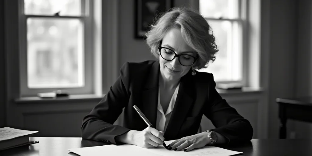 a woman in a suit and glasses writing on a piece of paper at a desk with a window in the background,