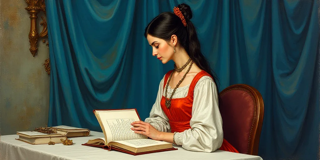 a woman in a white and red dress is reading a book at a table with a blue curtain behind her, Bracha