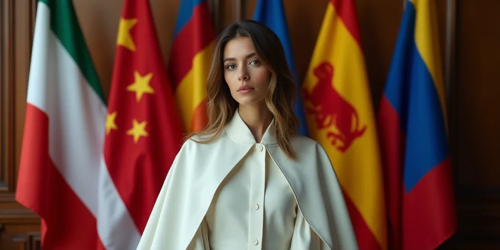 a woman in a white cape standing in front of flags of different countries in a room with a wooden wa