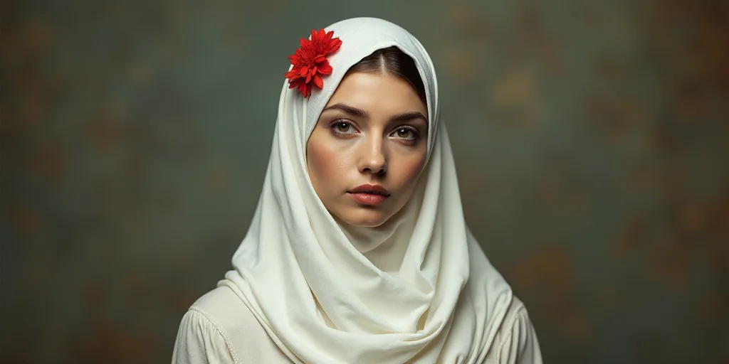 a woman in a white dress and a white head scarf with a red and white flower on it's head, Elina Kari