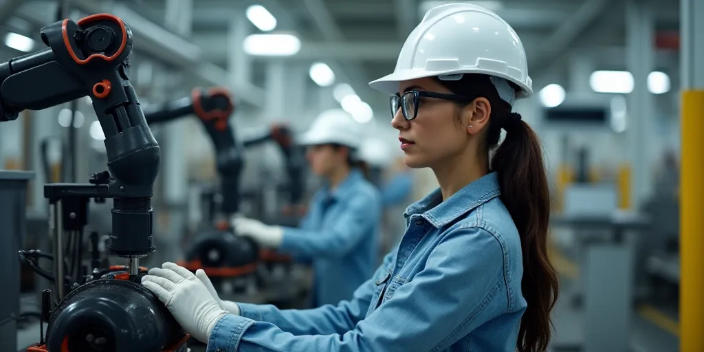 a woman in a white hard hat and glasses working on a machine in a factory with other machines in the