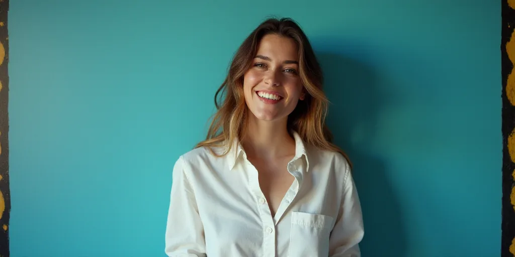 a woman in a white shirt is smiling for the camera with a blue background and a black and yellow bor