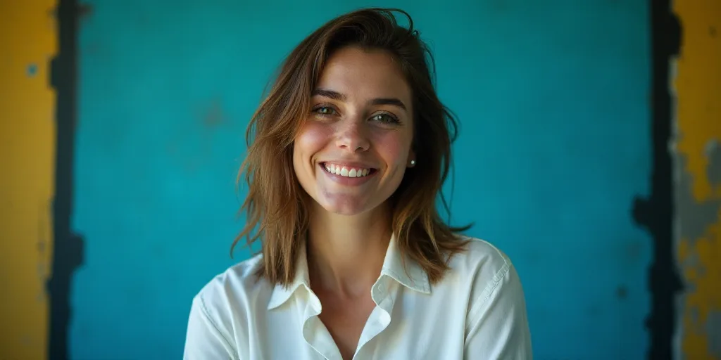 a woman in a white shirt is smiling for the camera with a blue background and a black and yellow bor