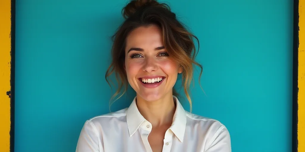 a woman in a white shirt is smiling for the camera with a blue background and a black and yellow bor