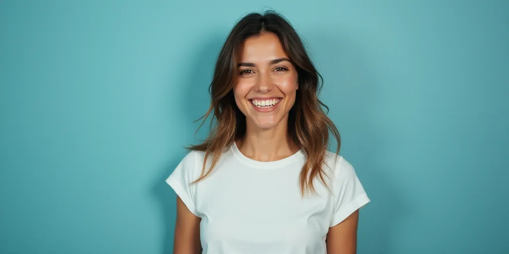 a woman in a white top is smiling for the camera with a blue background and a black and yellow borde