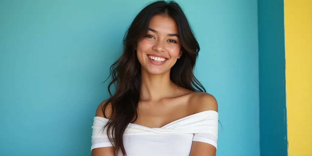 a woman in a white top is smiling for the camera with a blue background and a black and yellow borde