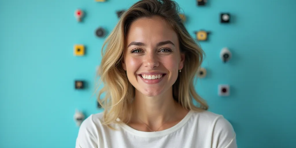 a woman in a white top is smiling for the camera with a blue background and a black and yellow borde