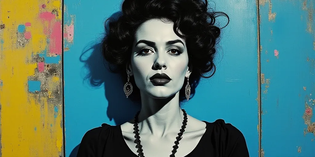 a woman in black and white with a blue background and a blue and yellow background with a black and