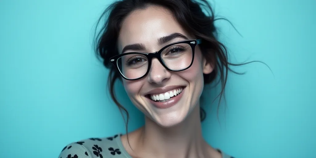 a woman in glasses is smiling for the camera with a blue background and a black and white photo of h
