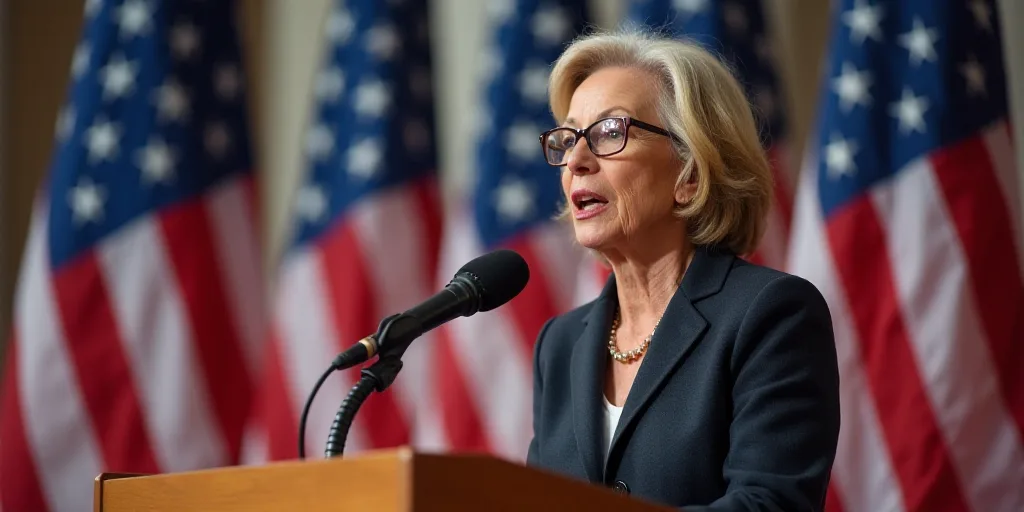 a woman in glasses speaking into a microphone with flags in the background at a podium with a microp